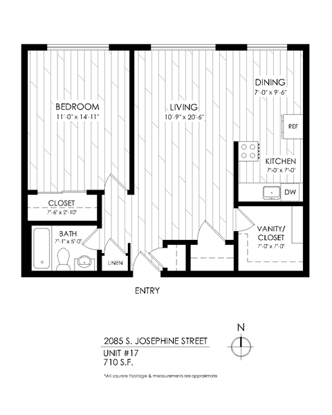Floor plan for 1 bed, 1 bath, 715 sqft